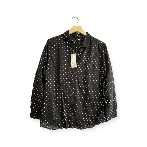 Uniqlo Long Sleeve Polka Dot Blouse, Cotton, Black-white, Size XL, NWT - Picture 1 of 12
